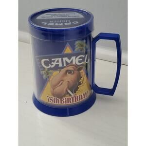 1988 Joe Camel 75th Birthday Plastic Thermo-Serv Mug‎ Cup Blue Cigarette Promo